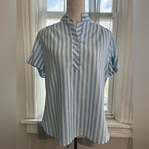 Vintage 70’s Blue and White Short Sleeve Mandarin Collar Blouse